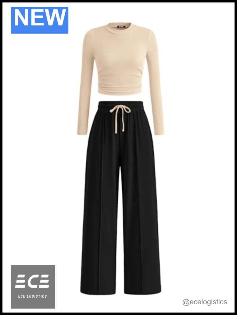 Ribbed Two Piece Set Long Sleeve Crop Top Wide Leg Pants Loungewear